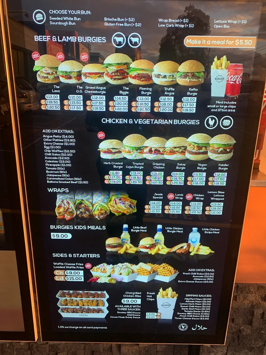Menu, Burgies Campbellfield