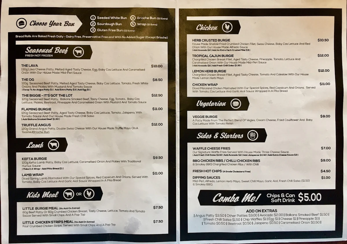 Menu, Burgies Campbellfield