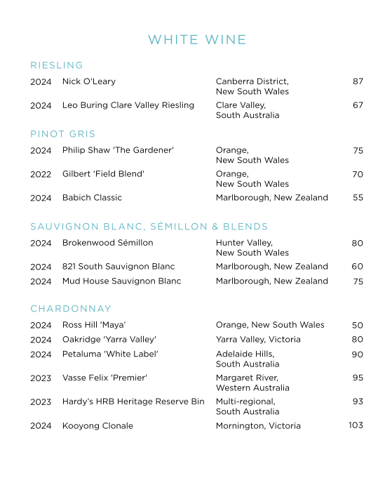 Menu, Epicurean Sydney