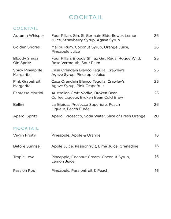 Menu, Epicurean Sydney