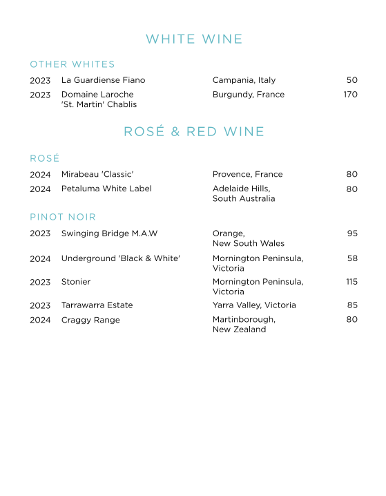 Menu, Epicurean Sydney