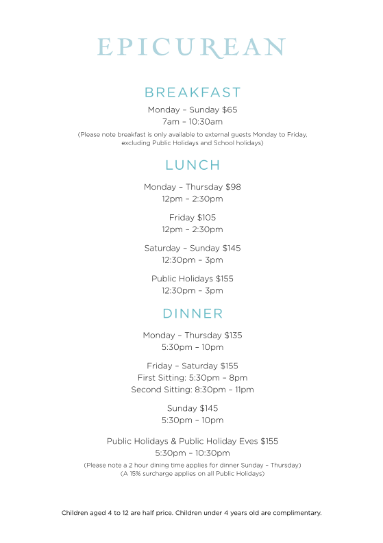 Menu, Epicurean Sydney