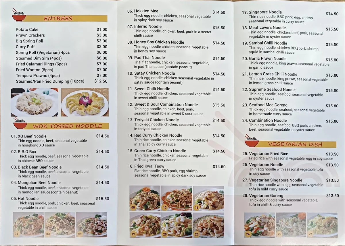 Menu, Keilor Downs Noodle Bar