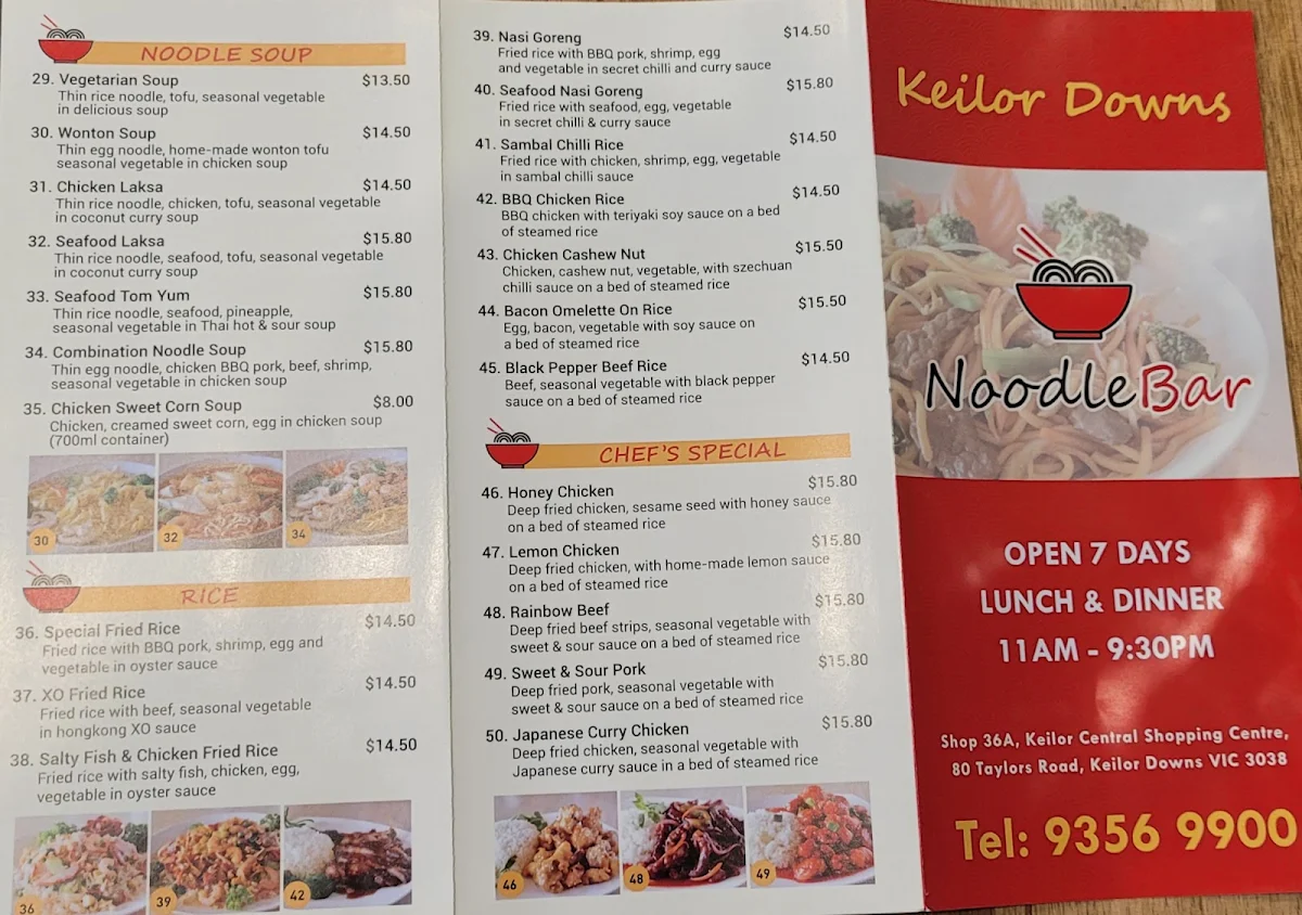 Menu, Keilor Downs Noodle Bar