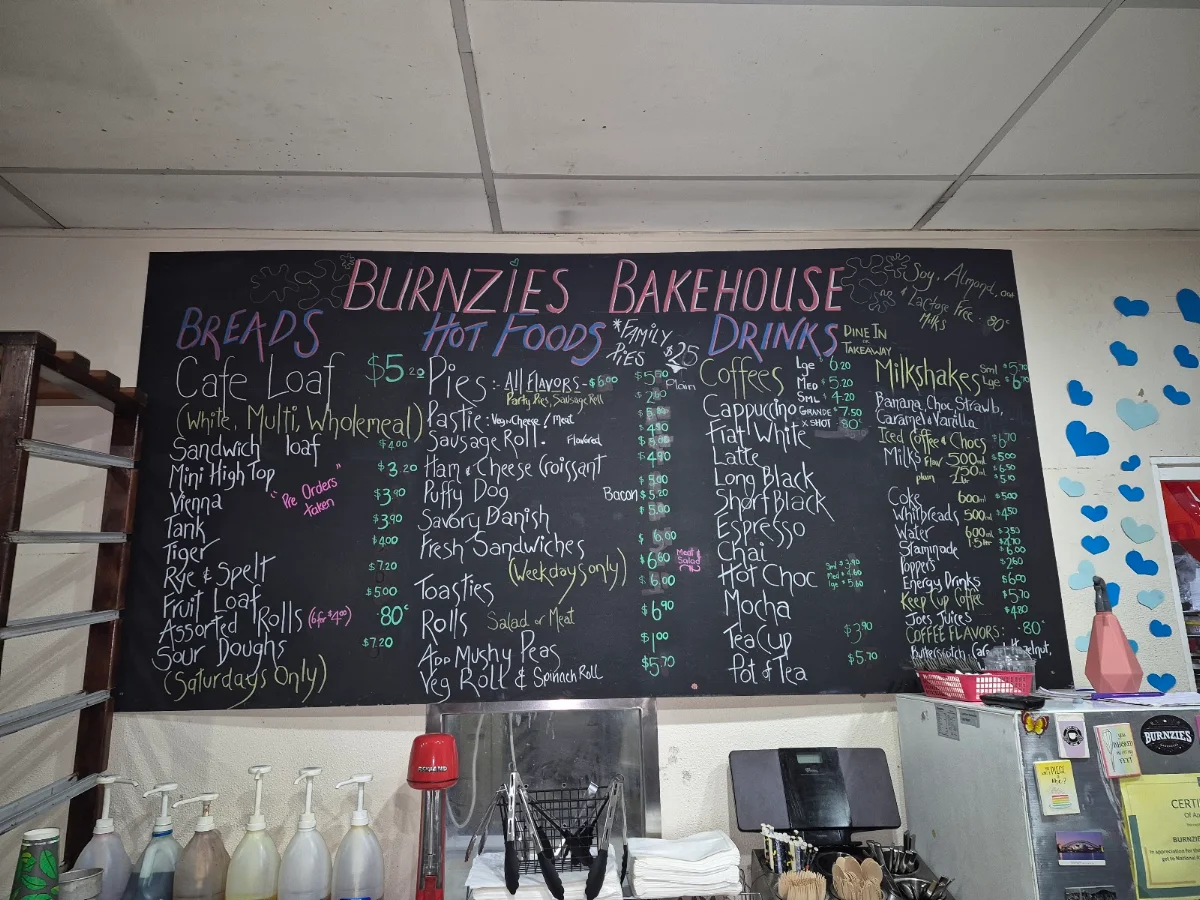 Menu, Burnzie's Bakehouse