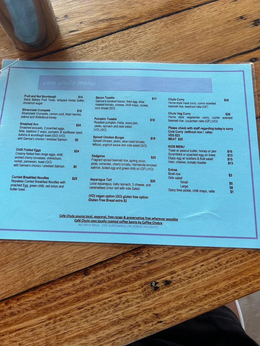 Menu, Cafe Chulo