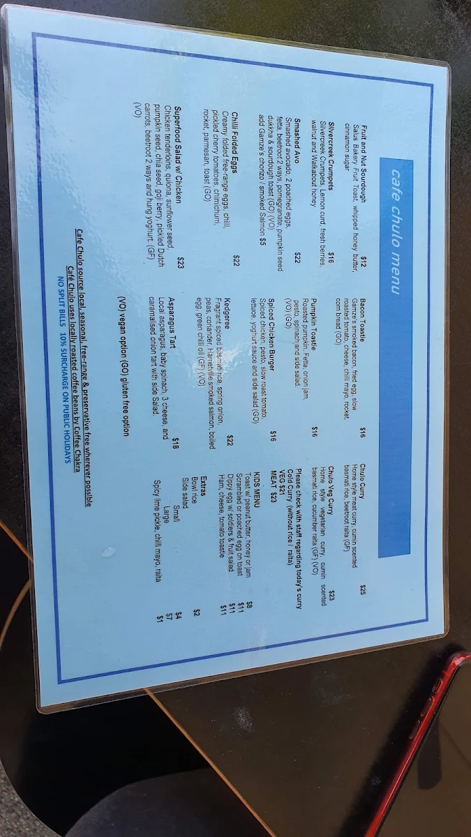 Menu, Cafe Chulo
