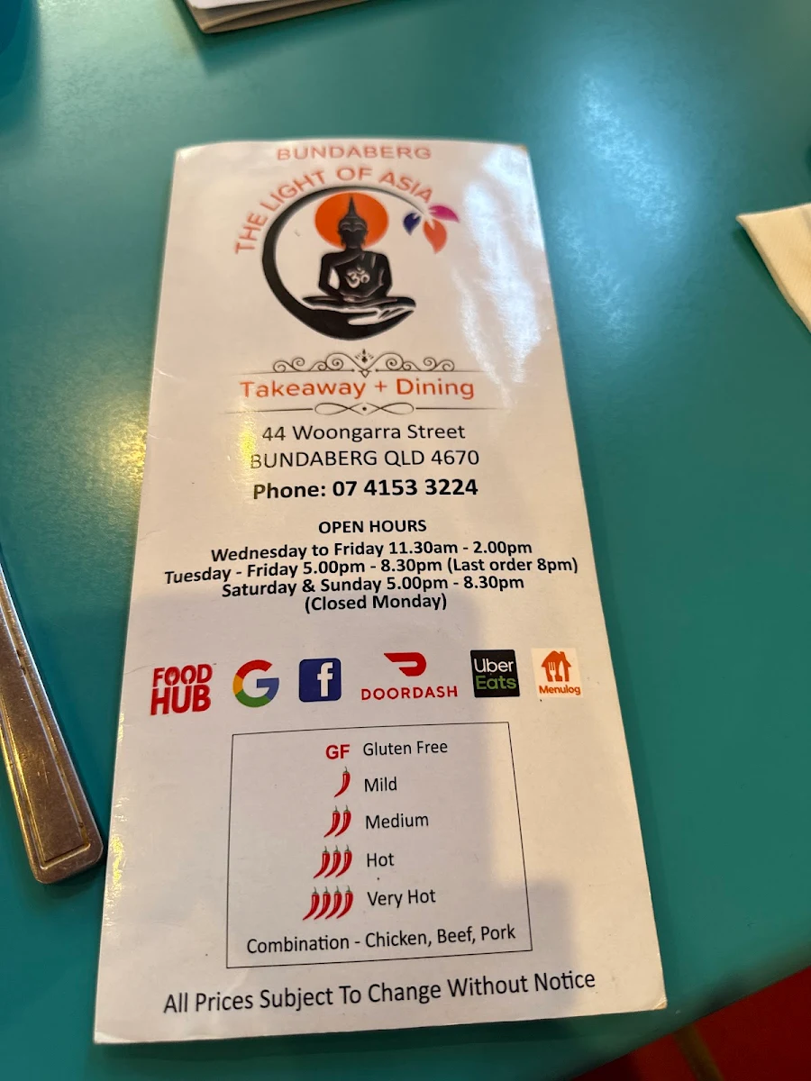 Menu, Light Of Asia Bundaberg