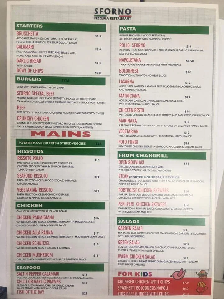 Menu, Sforno Pizzeria Restaurant
