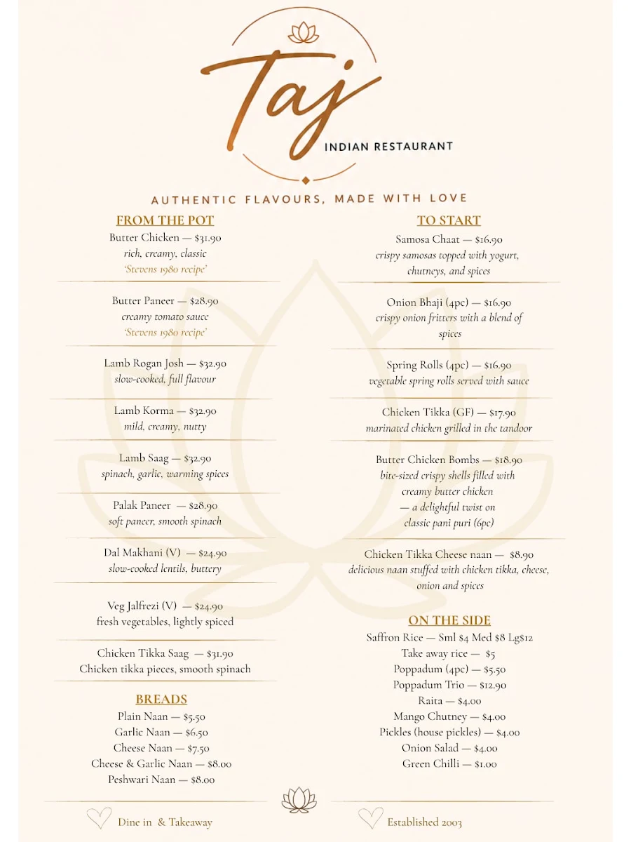 Menu, Taj Indian Restaurant Huskisson