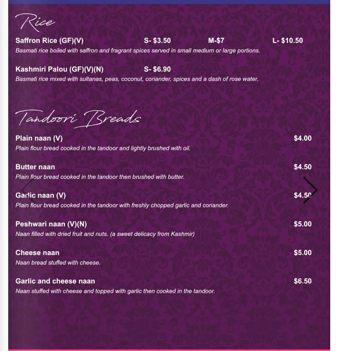 Menu, Taj Indian Restaurant Huskisson