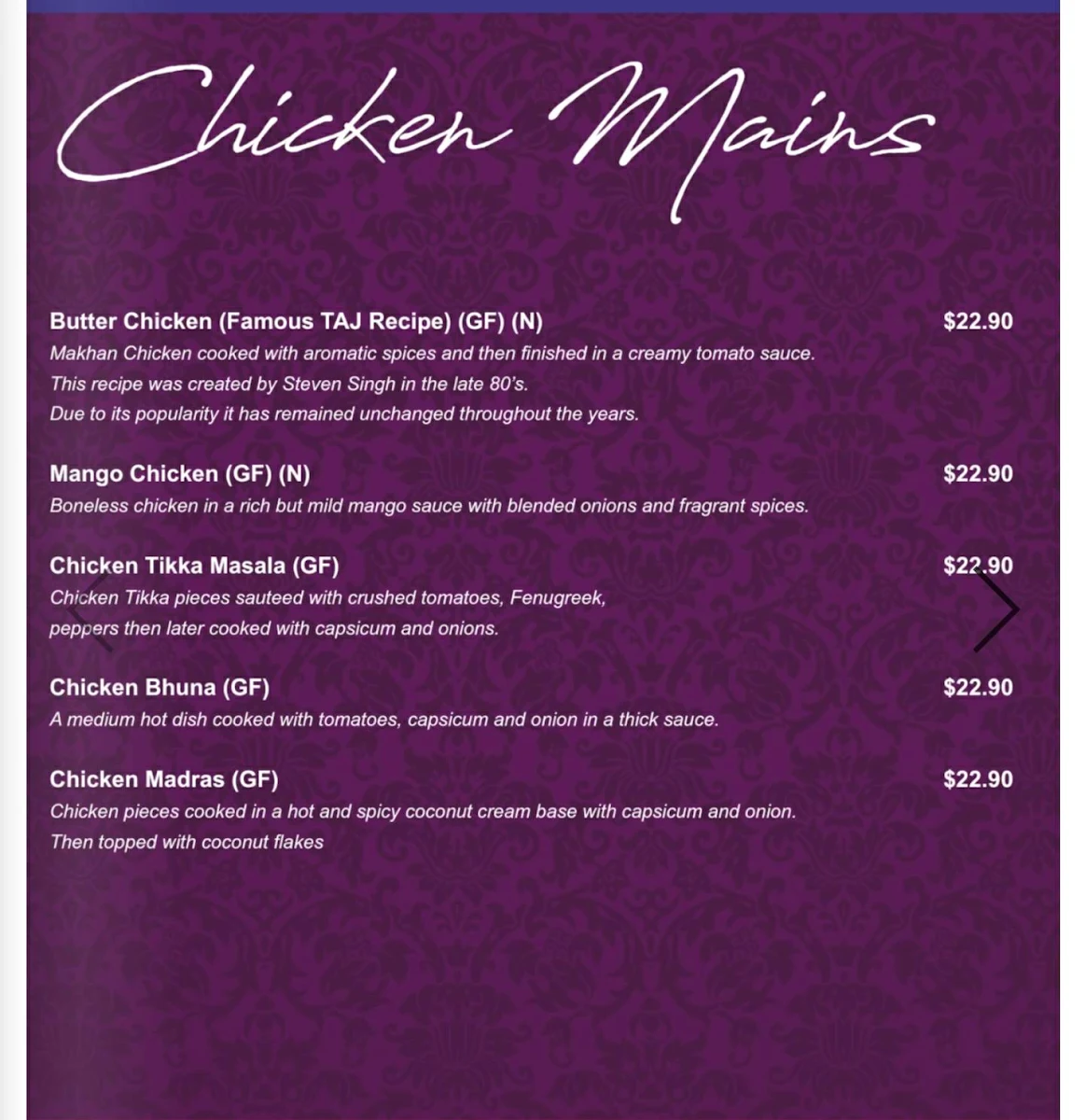 Menu, Taj Indian Restaurant Huskisson