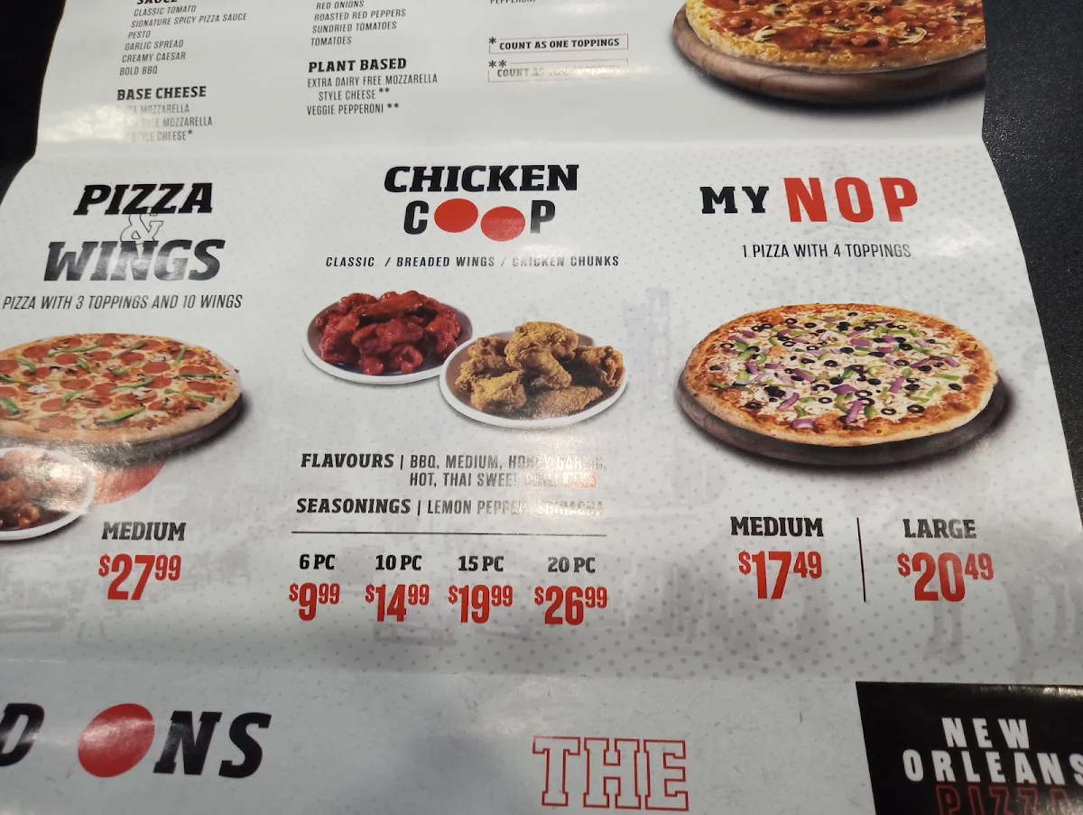 Menu, New Orleans Pizza