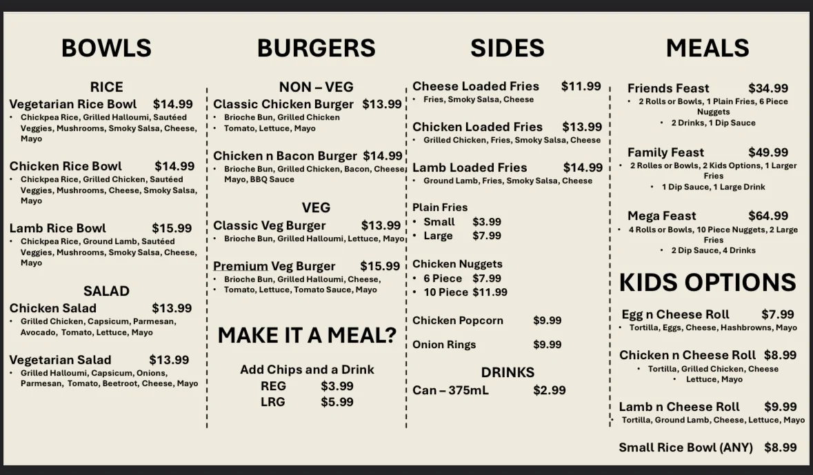 Menu, Skangs Rolls N Bowls