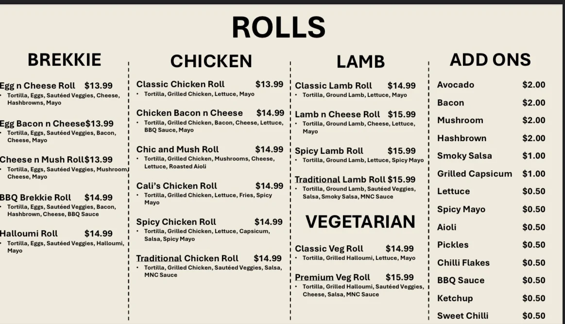 Menu, Skangs Rolls N Bowls