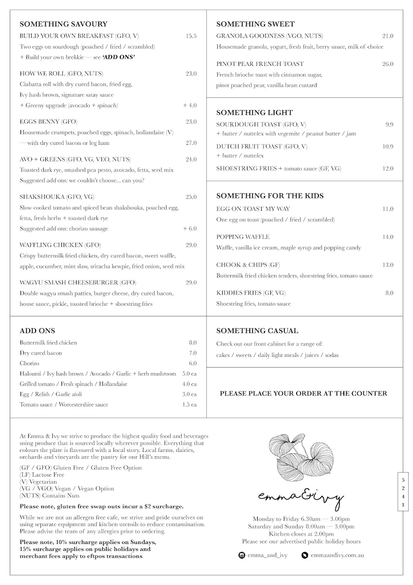 Menu, Emma & Ivy