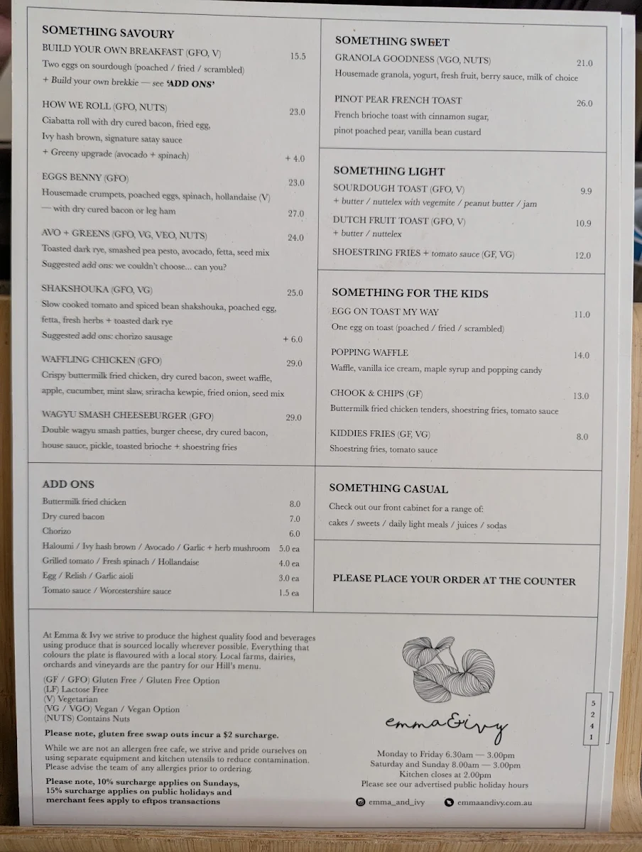 Menu, Emma & Ivy