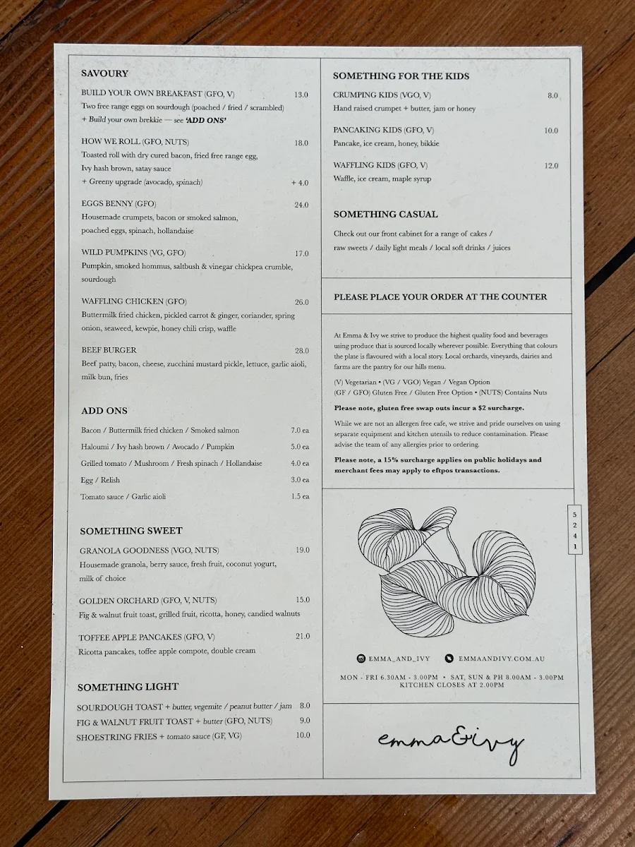 Menu, Emma & Ivy