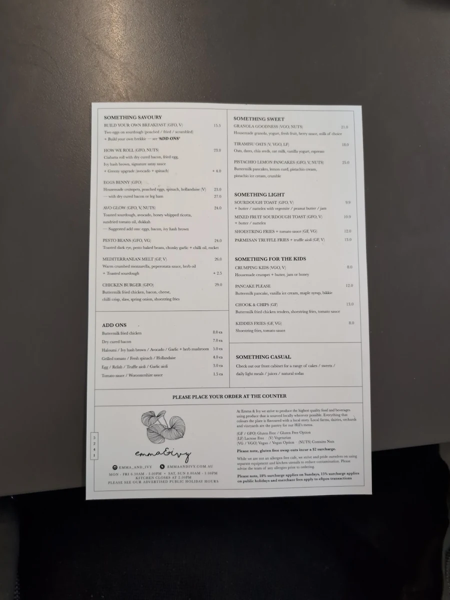 Menu, Emma & Ivy