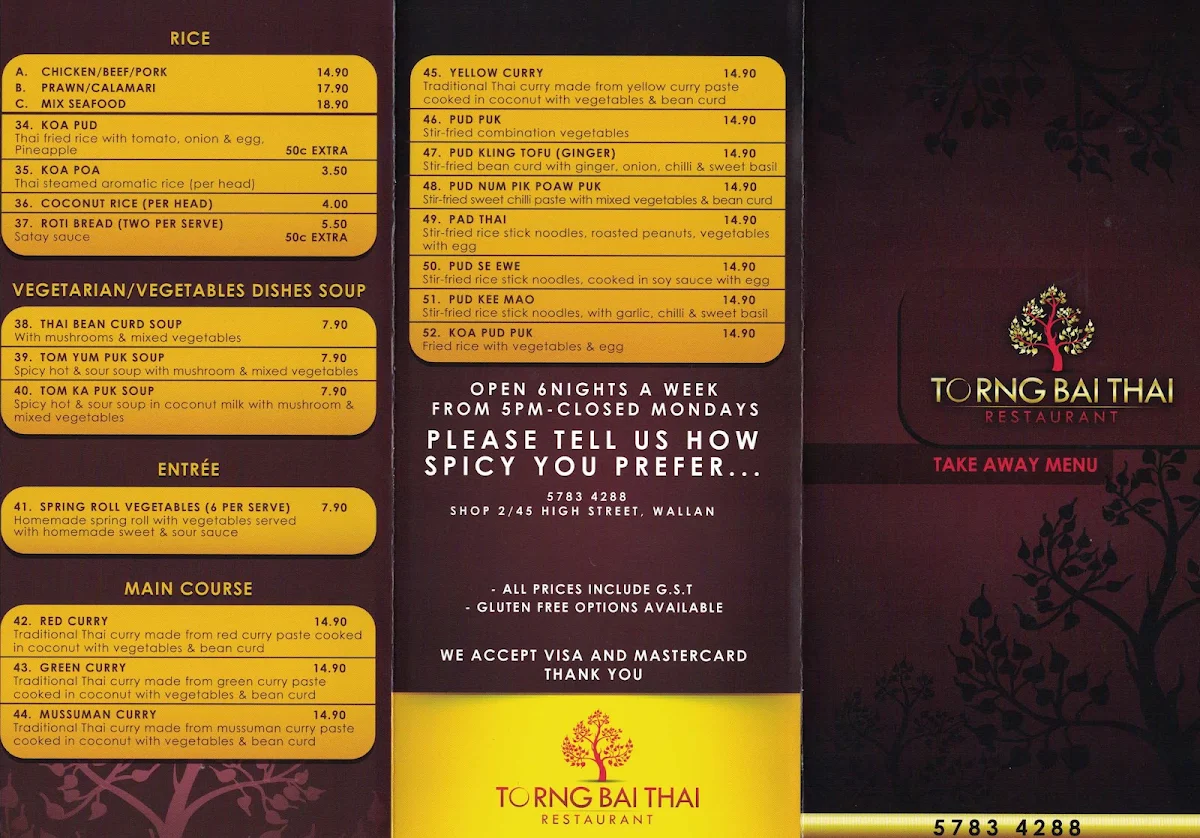 Menu, Torng Bai Thai Restaurant