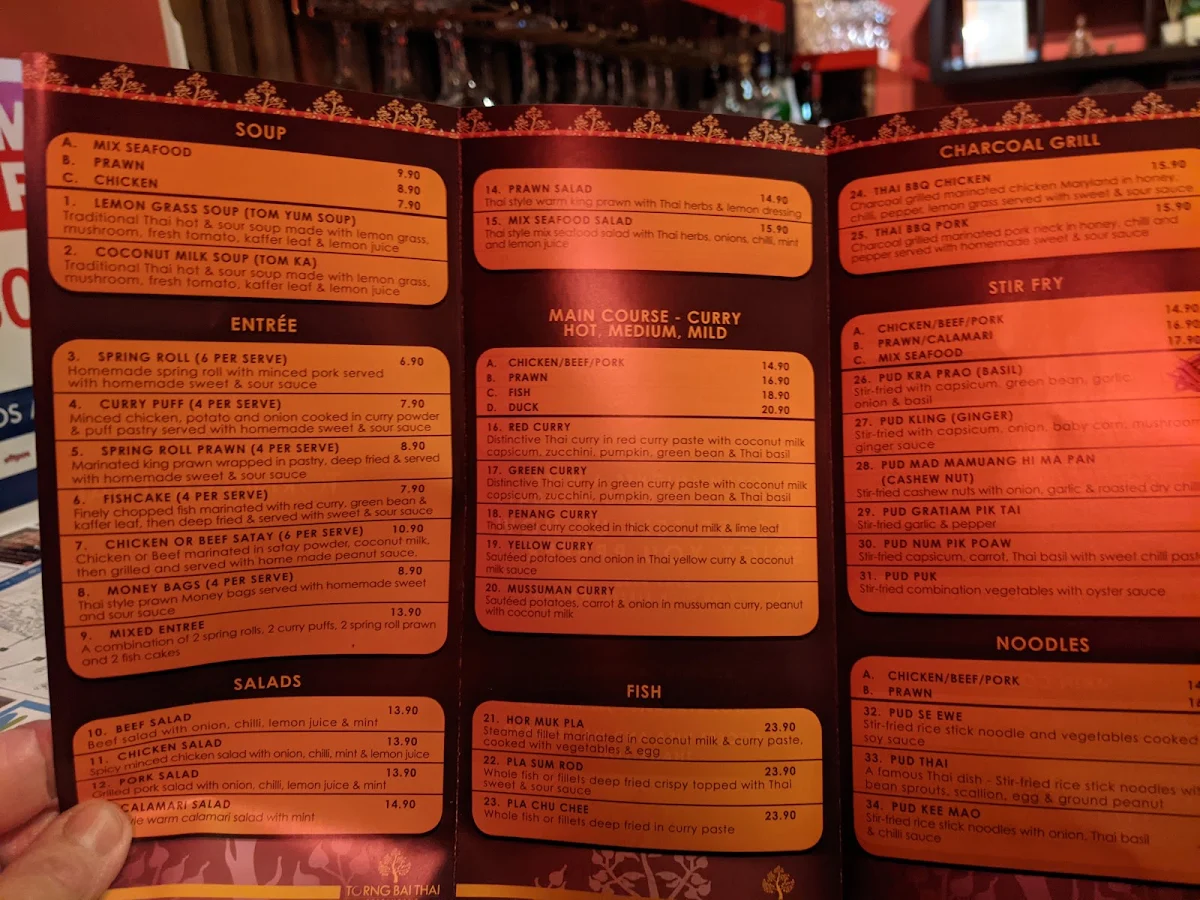 Menu, Torng Bai Thai Restaurant
