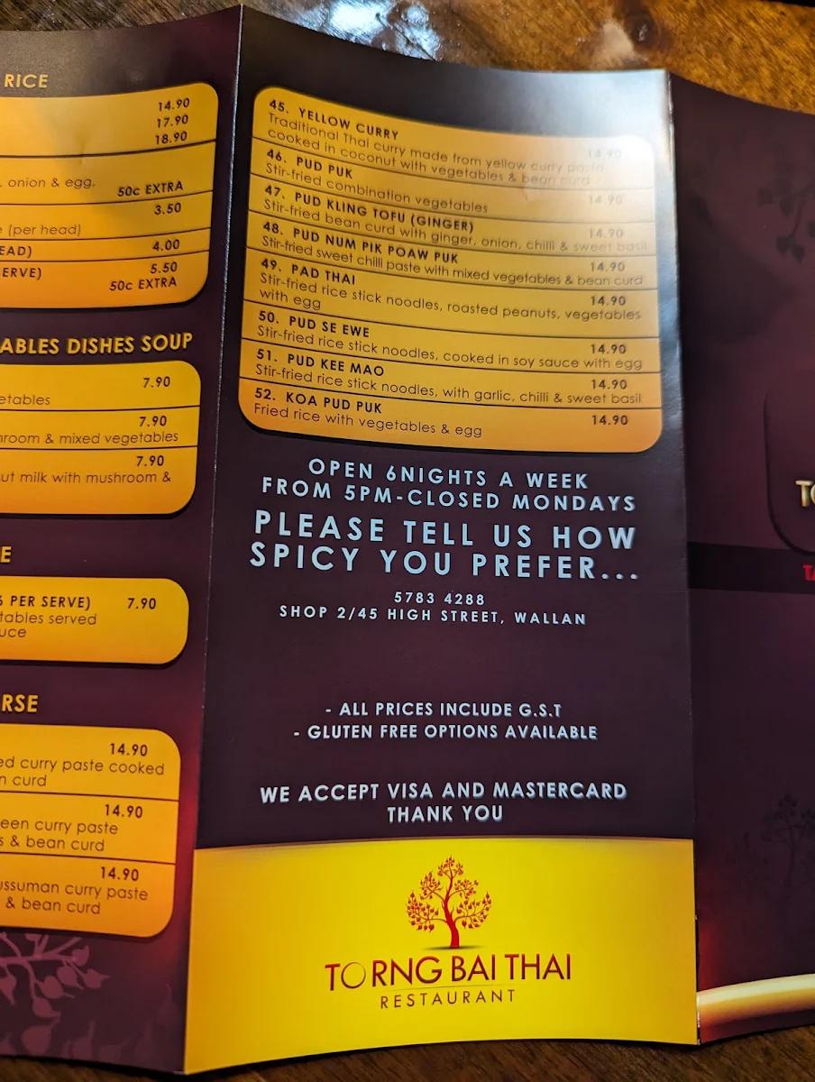 Menu, Torng Bai Thai Restaurant