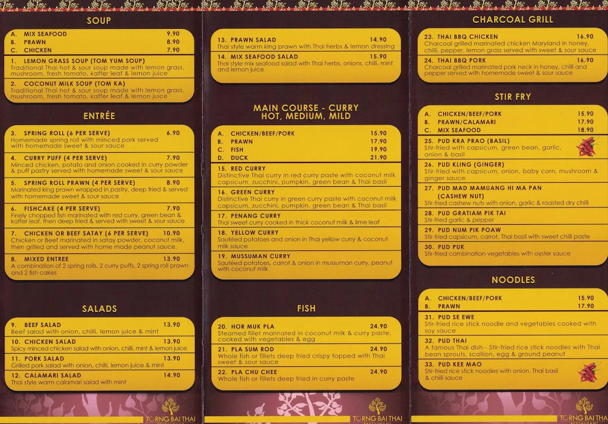Menu, Torng Bai Thai Restaurant