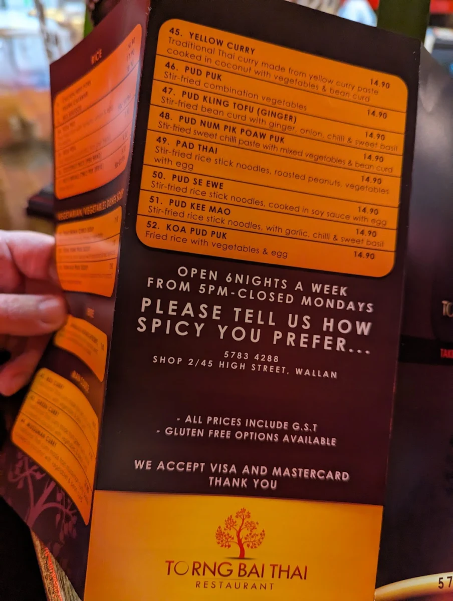 Menu, Torng Bai Thai Restaurant