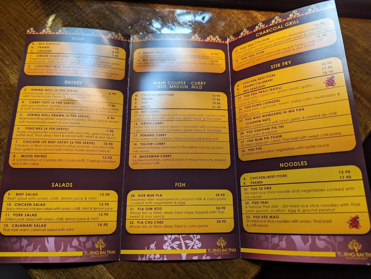 Menu, Torng Bai Thai Restaurant