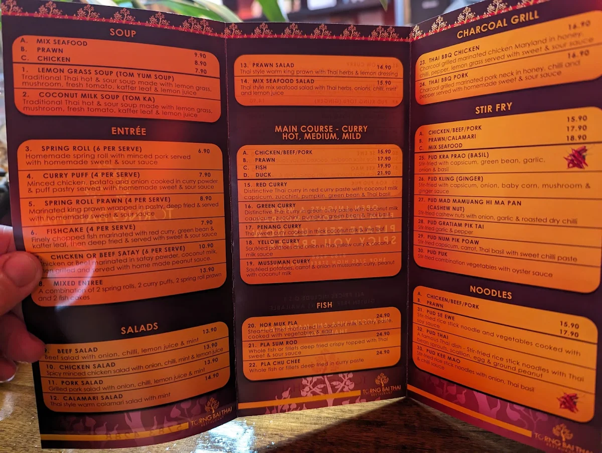 Menu, Torng Bai Thai Restaurant