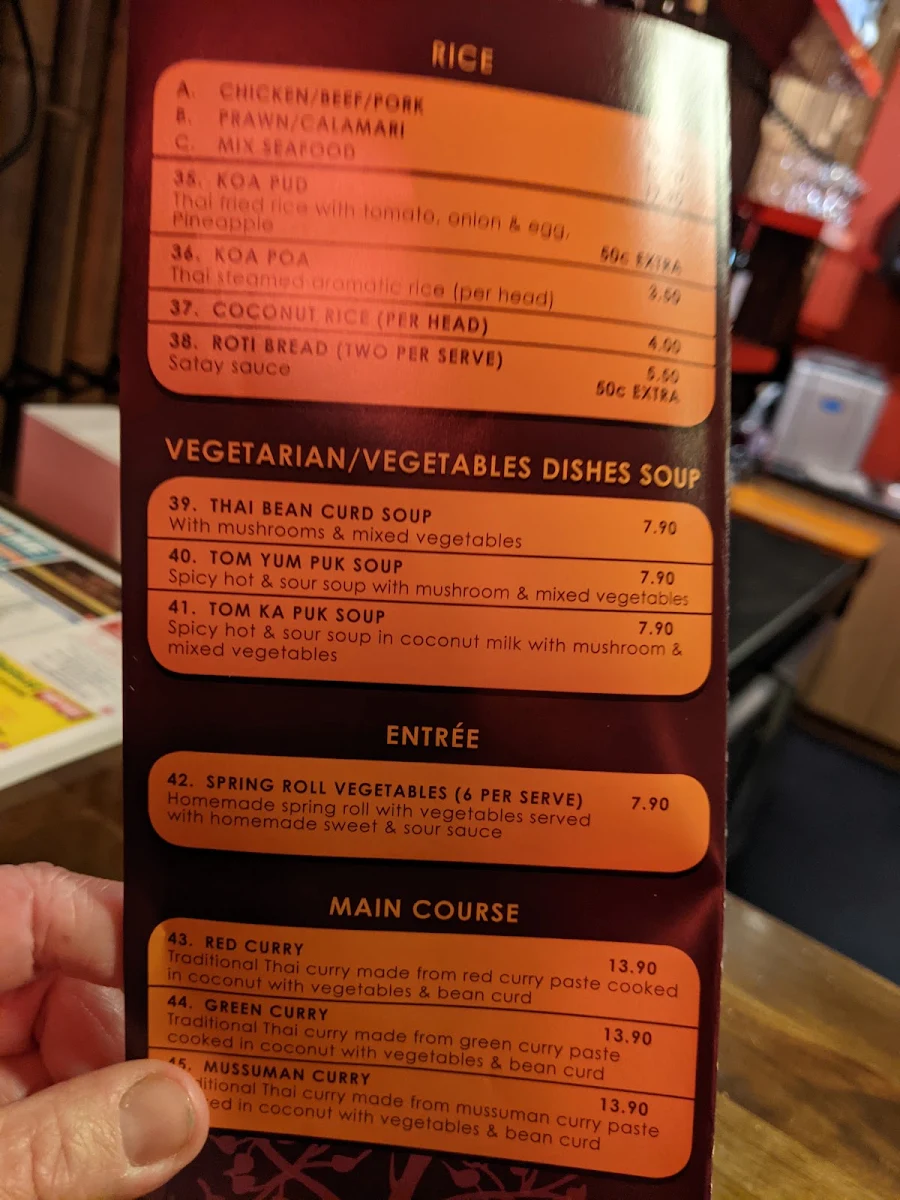 Menu, Torng Bai Thai Restaurant