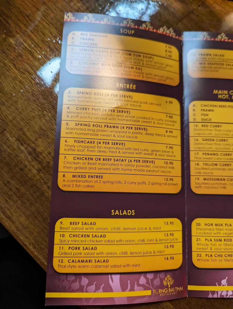 Menu, Torng Bai Thai Restaurant