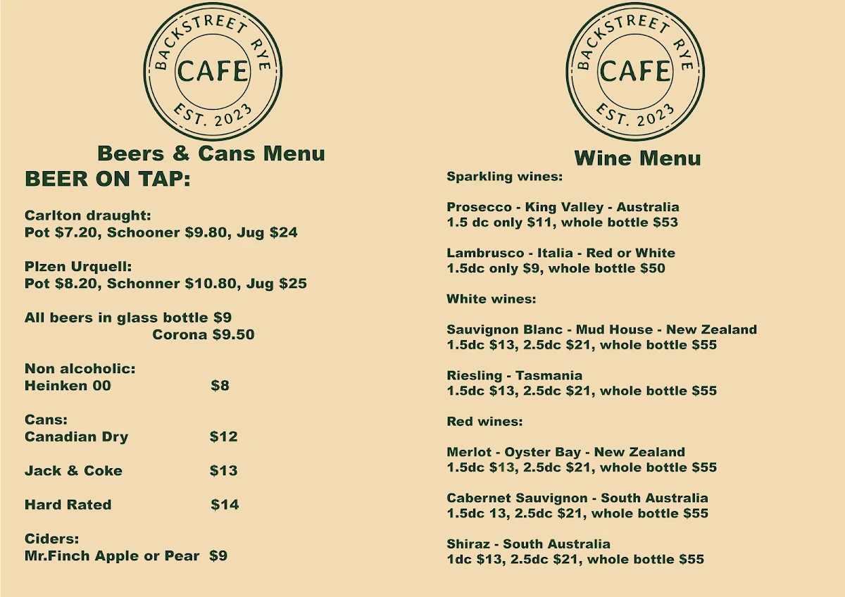Menu, Backstreet Rye Cafe/Bar