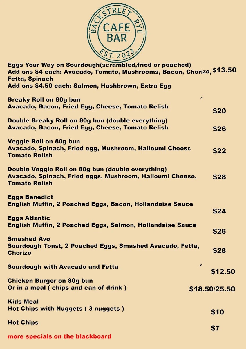 Menu, Backstreet Rye Cafe/Bar