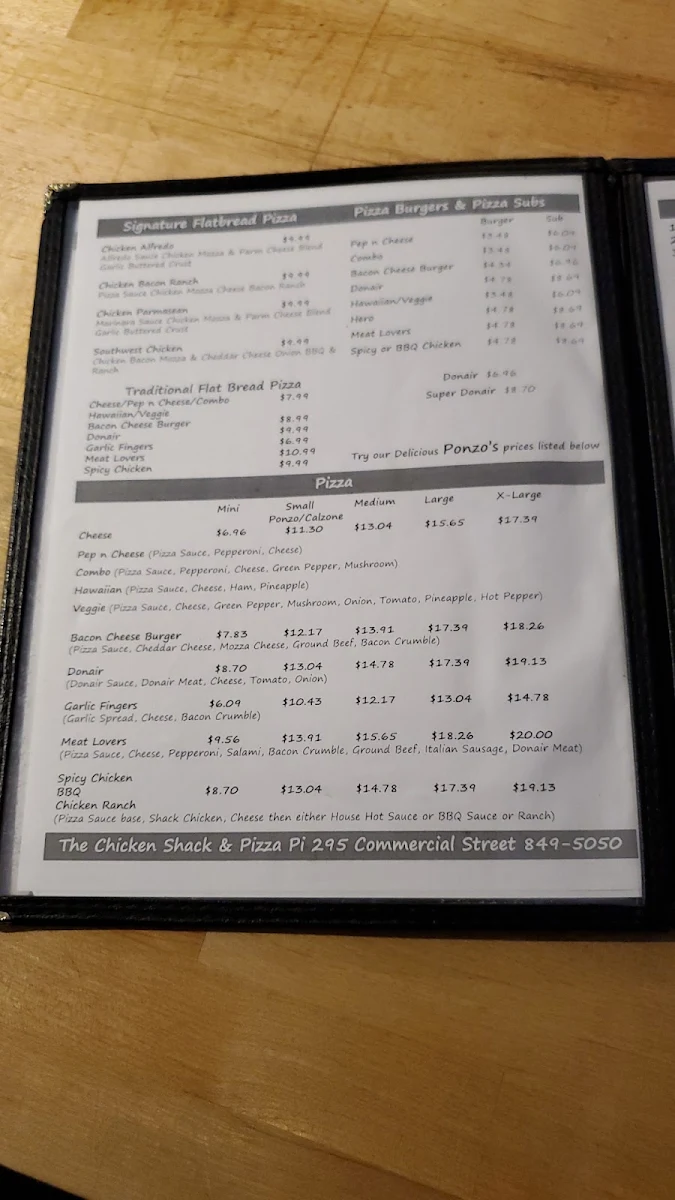 Menu, The Chicken Shack & Pizza Pi
