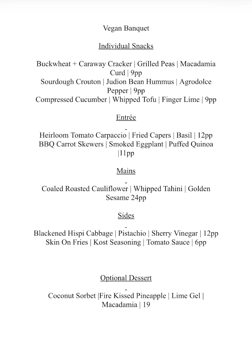 Menu, Kost Bar and Grill