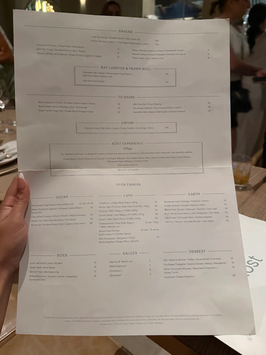 Menu, Kost Bar and Grill