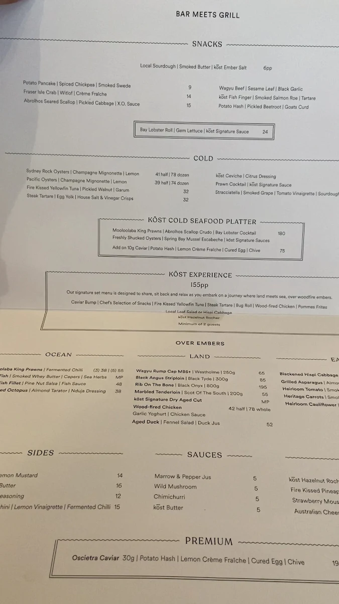 Menu, Kost Bar and Grill
