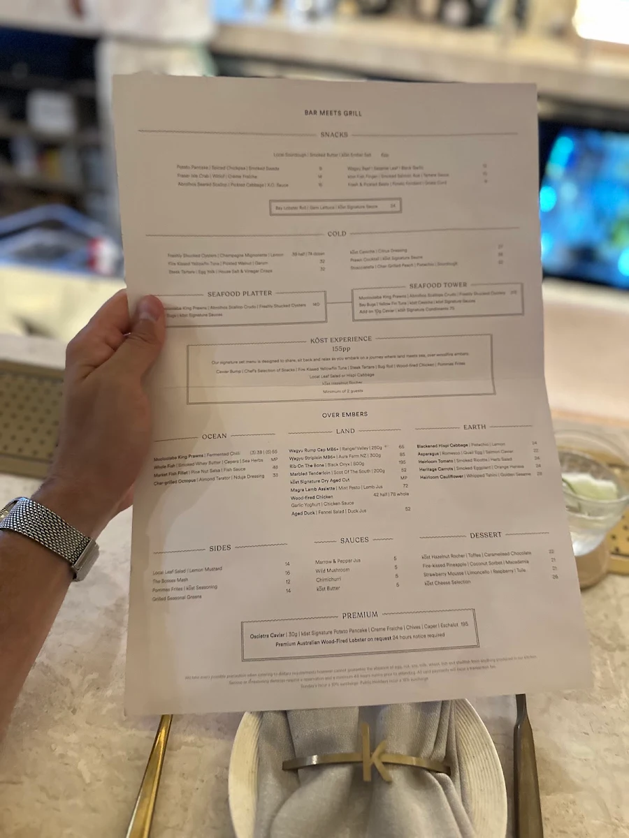 Menu, Kost Bar and Grill