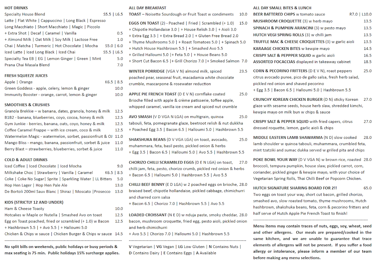 Menu, Hutch & Co Cafe