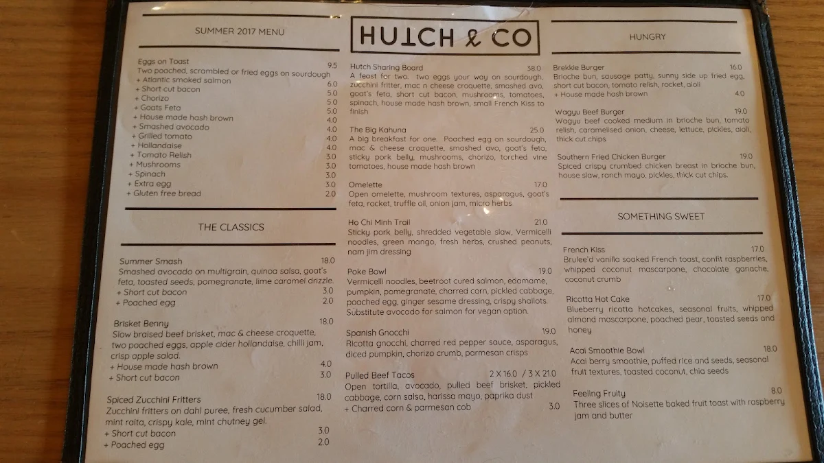 Menu, Hutch & Co Cafe