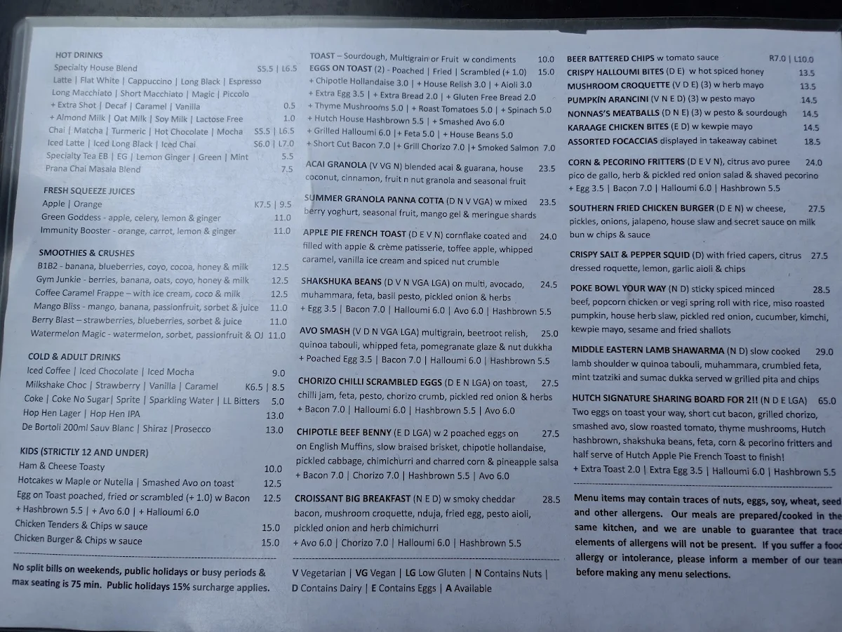 Menu, Hutch & Co Cafe