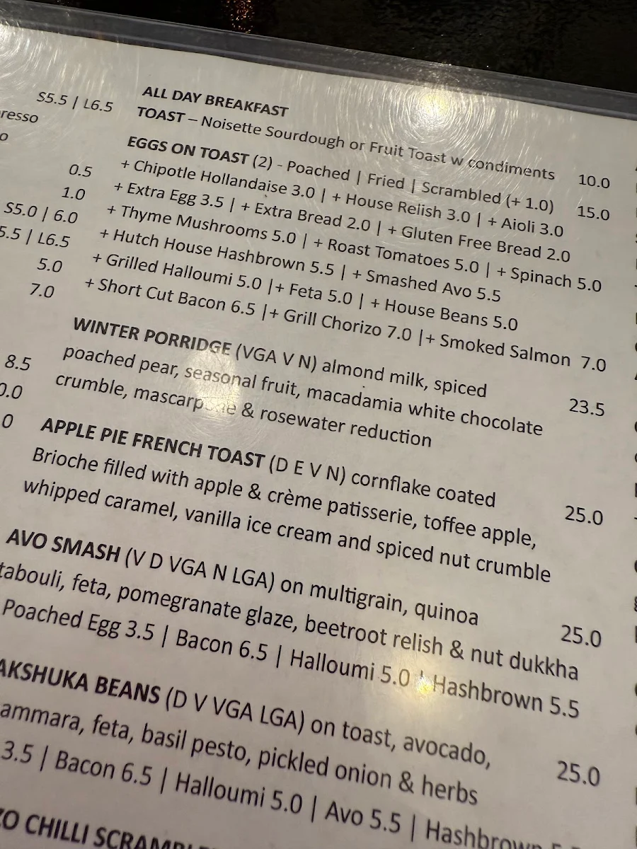 Menu, Hutch & Co Cafe