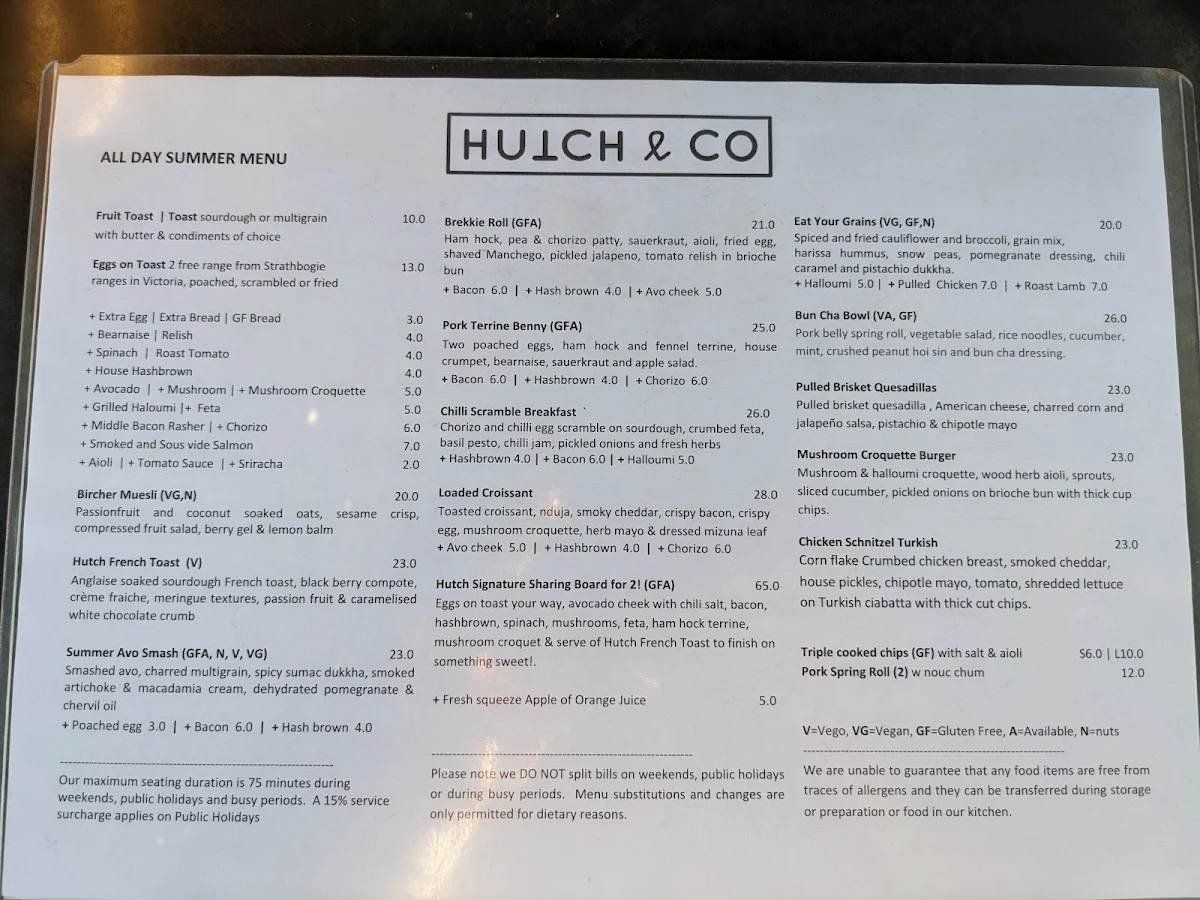 Menu, Hutch & Co Cafe