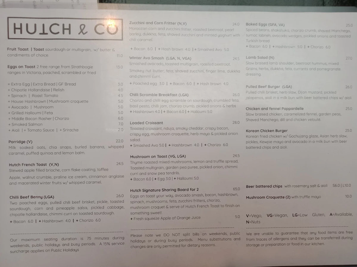 Menu, Hutch & Co Cafe