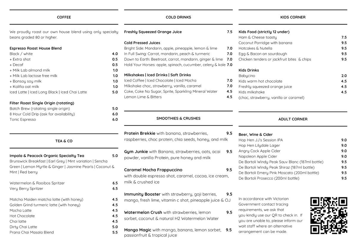 Menu, Hutch & Co Cafe