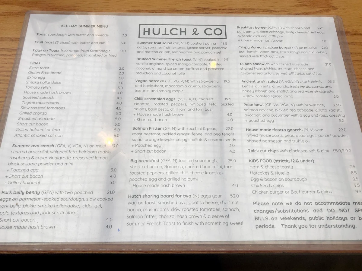 Menu, Hutch & Co Cafe