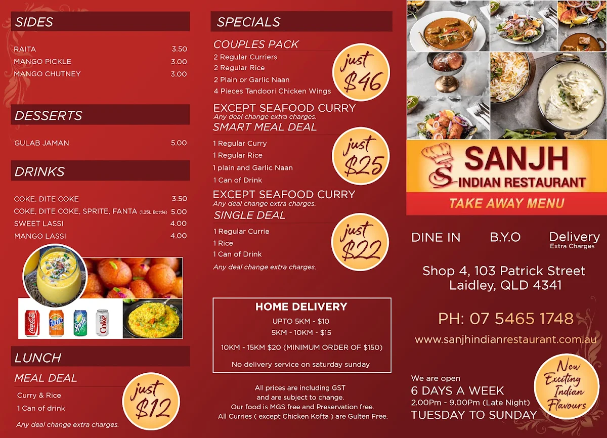 Menu, Sanjh Indian Restaurant