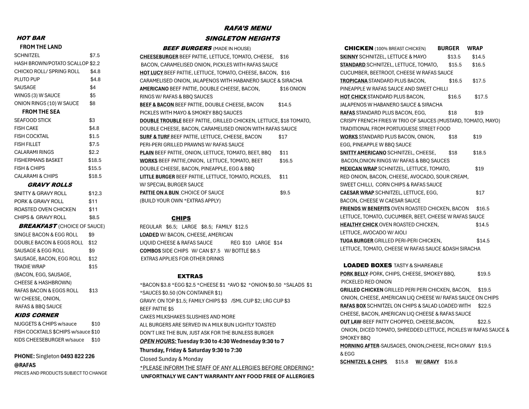 Menu, RAFAS on Heights Takeaway