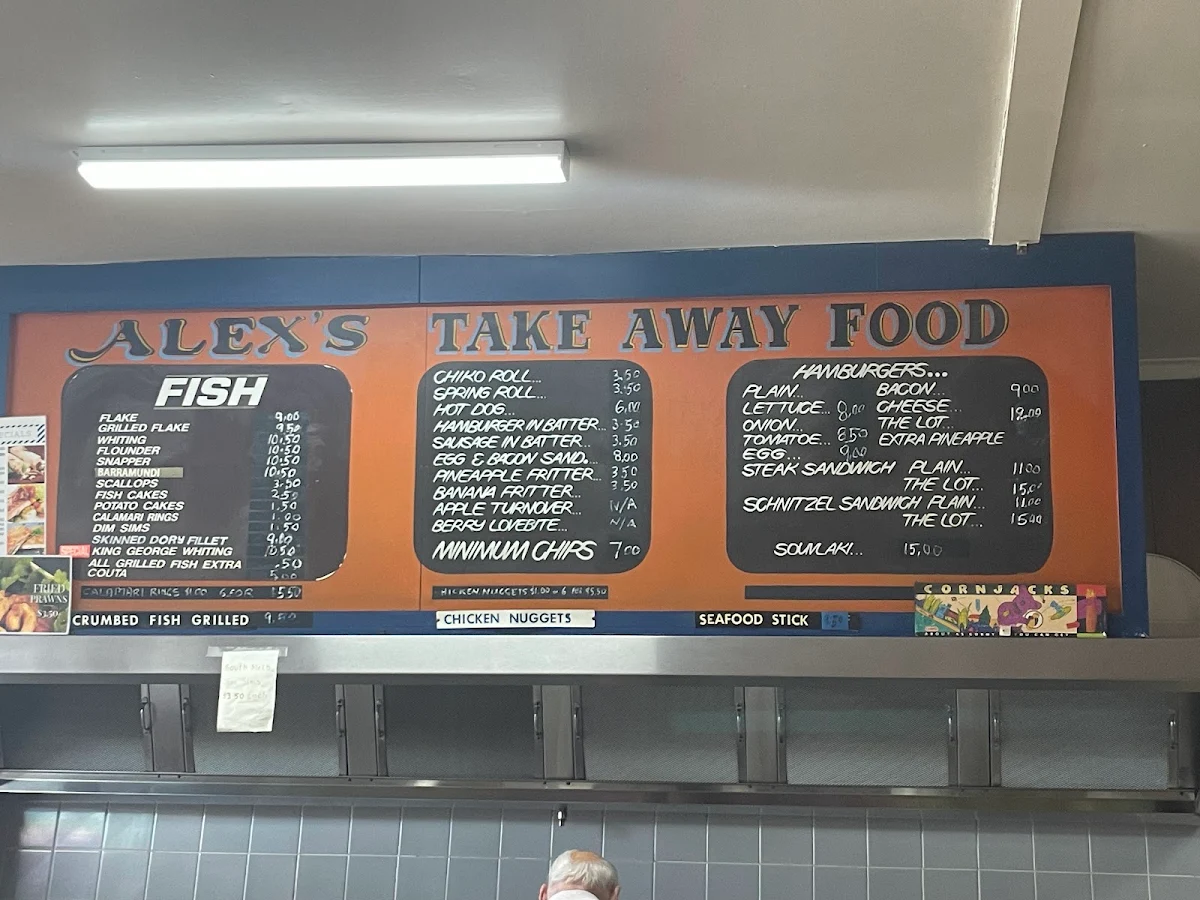 Menu, Alex's Fish and Chips and Take Away Food